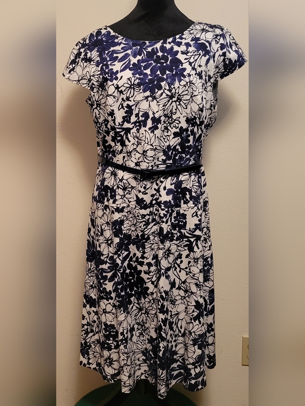 Anne Klein Navy and White Floral Midi Dress